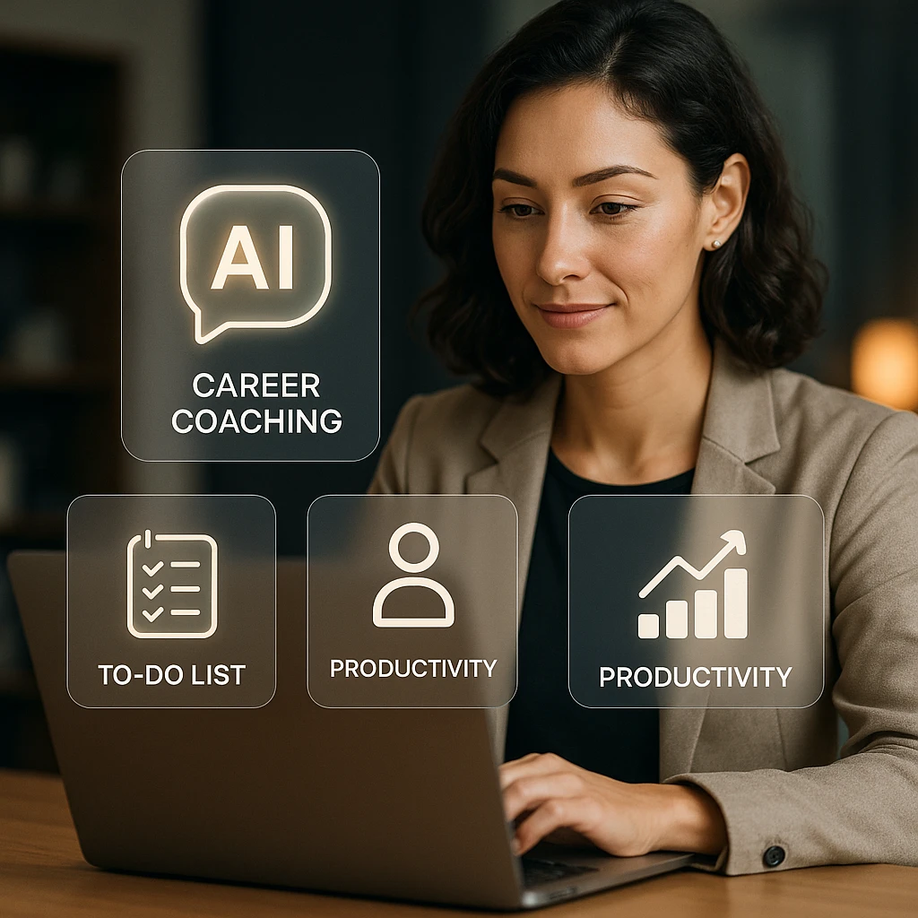 Professional woman using AI tools on laptop with glassmorphic interface showing career coaching and productivity apps