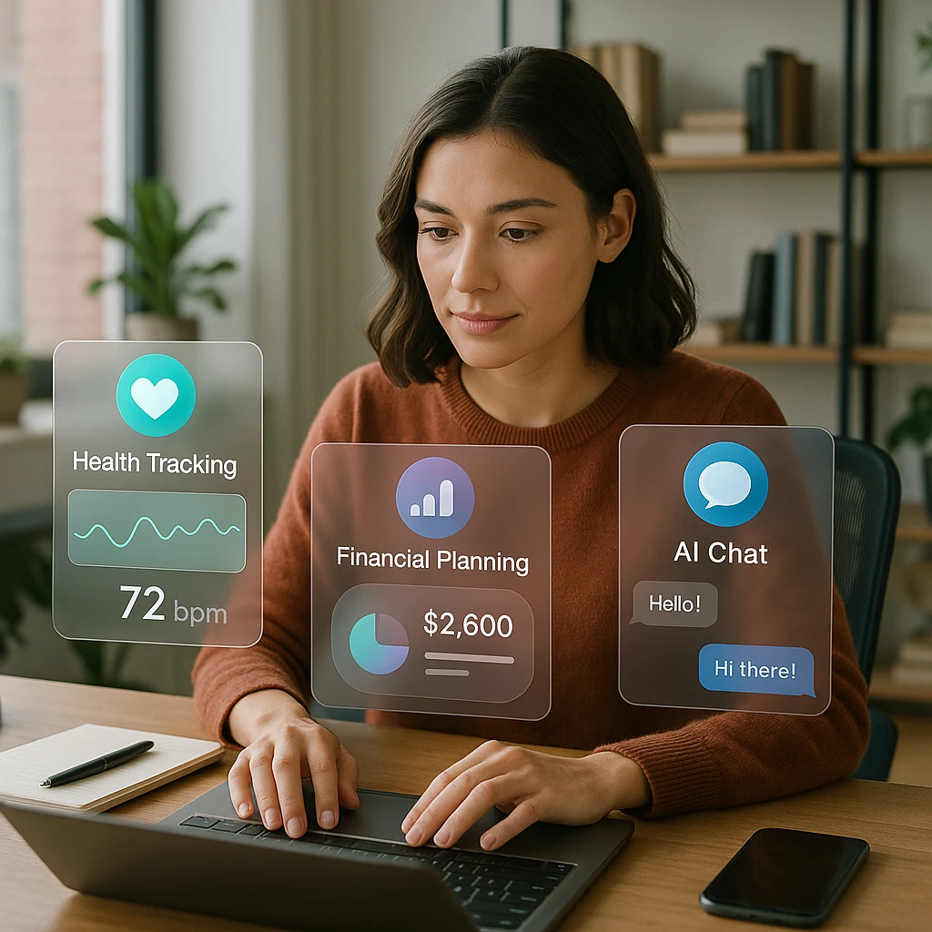 Modern workspace with woman using multiple AI tools including health tracking, financial planning, and communication tools with clean glassmorphic design