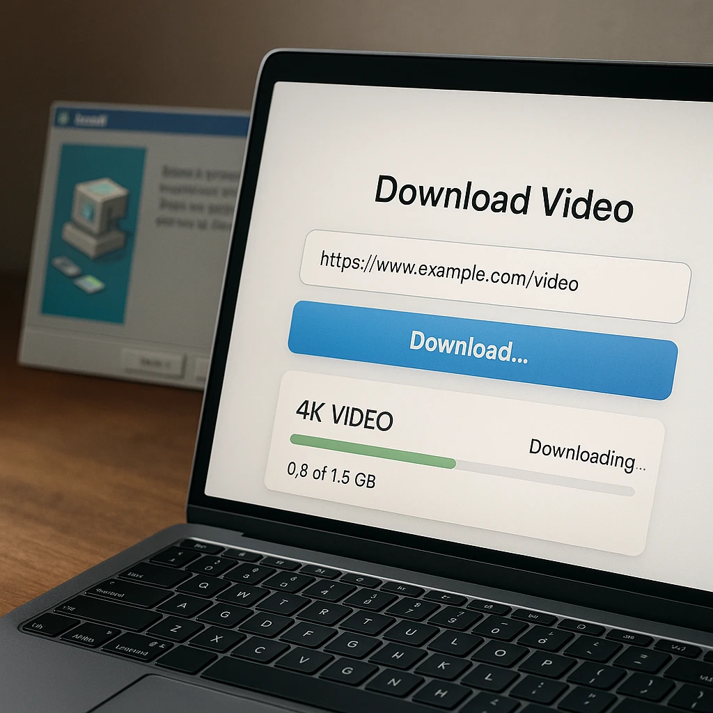 Laptop-Browser lädt ein 4K-Video von einem eingefügten Link herunter, während ein Desktop-Installationsfenster im Hintergrund ignoriert wird