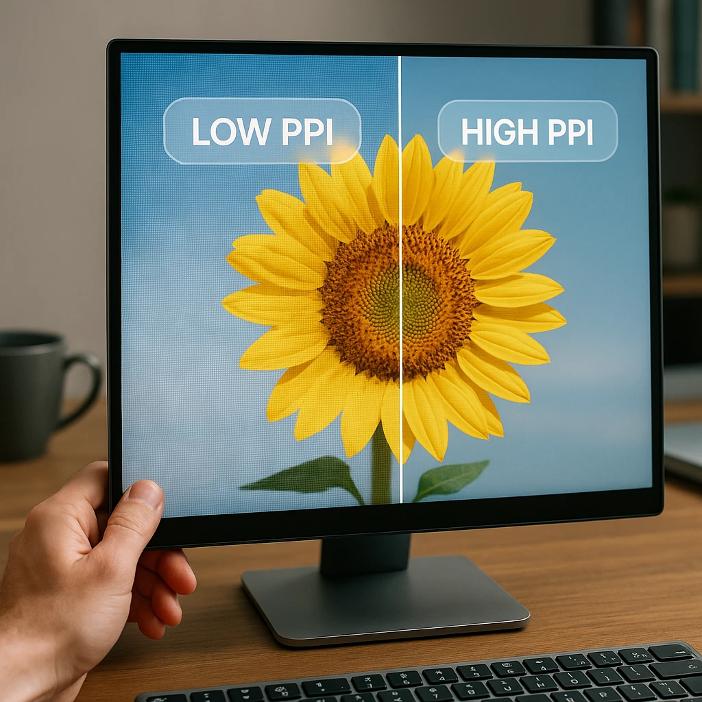 Close-up monitor comparison showing pixel density differences