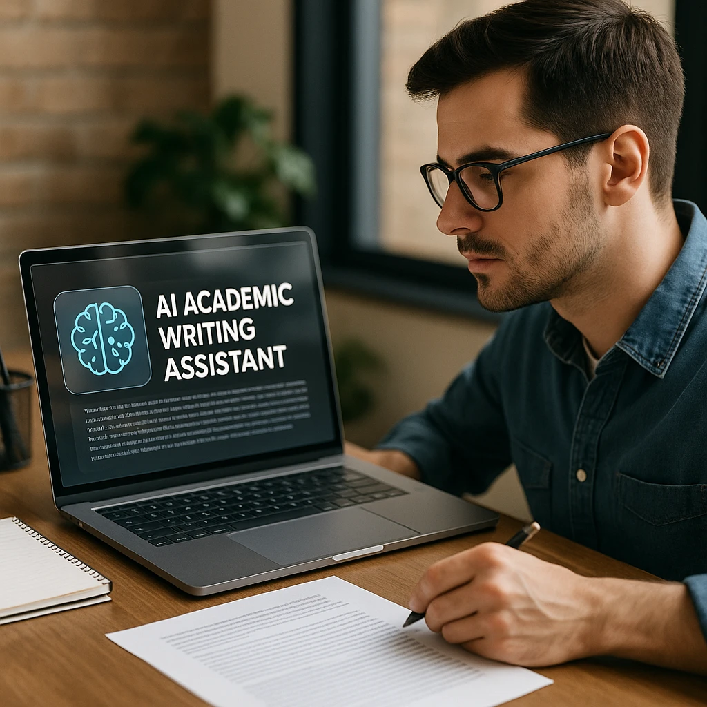 Academic researcher using AI writing assistance with digital citations