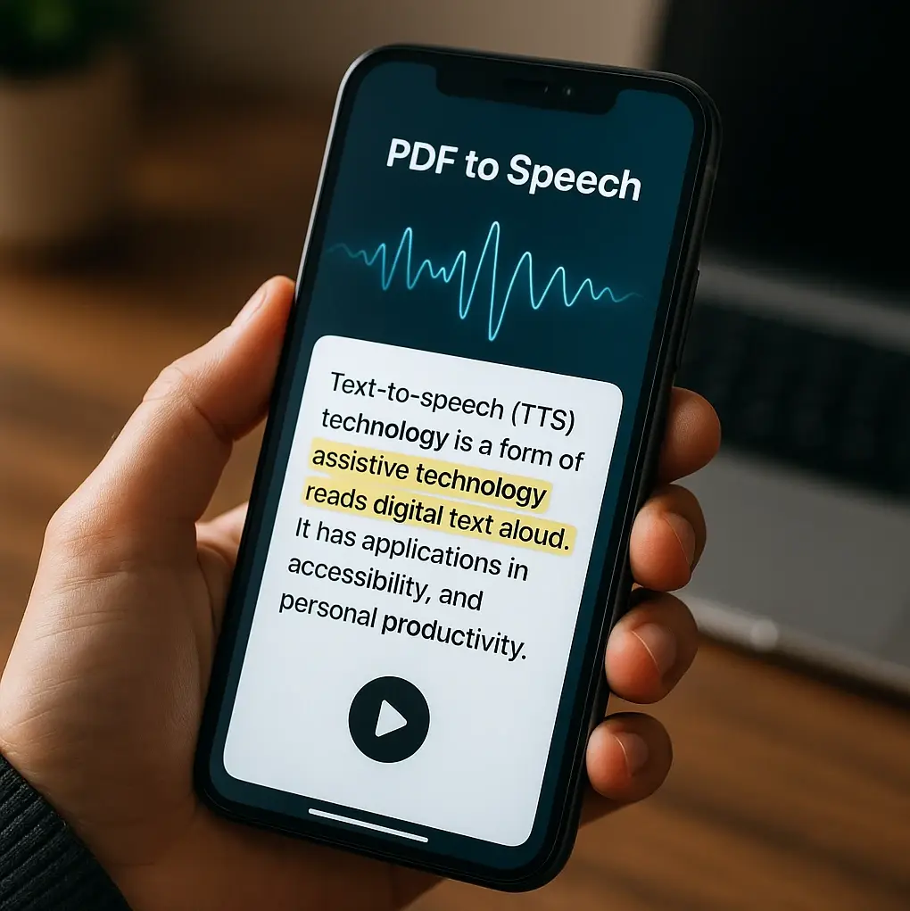 Modern smartphone displaying PDF to speech app interface with audio waveform and highlighted text being read aloud