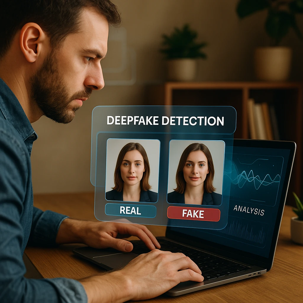 Advanced AI interface analyzing deepfake detection results with technical data overlay