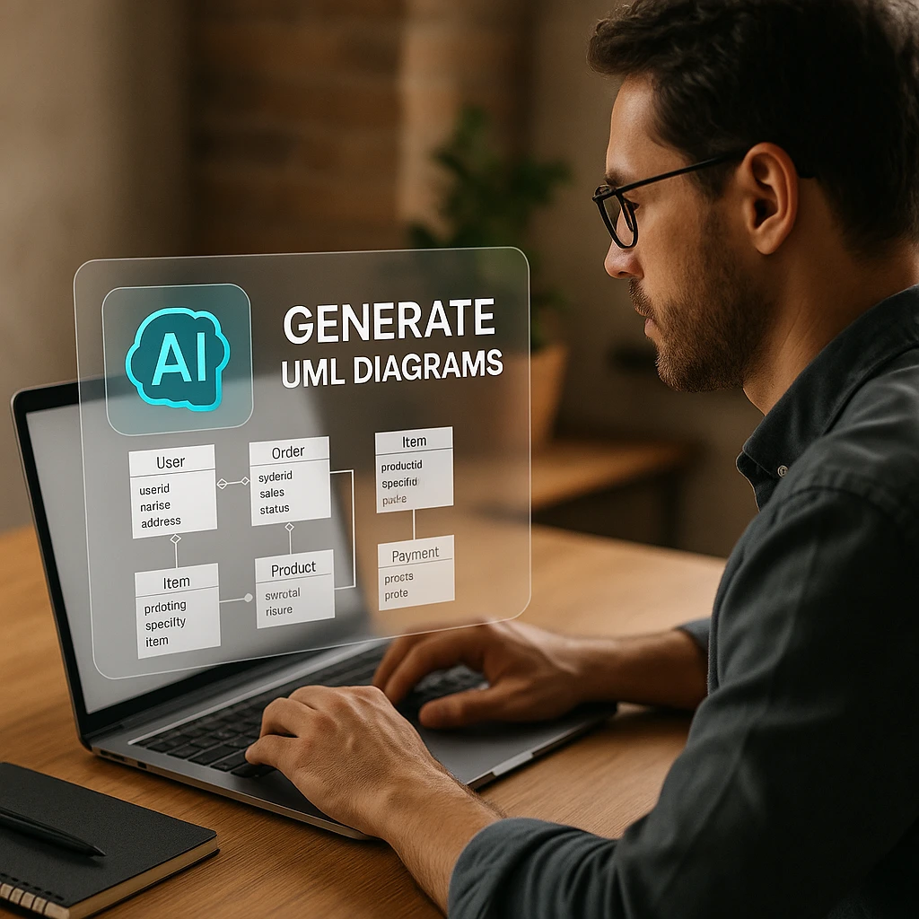 Software engineer working with UML sequence diagrams and class diagrams on computer screen