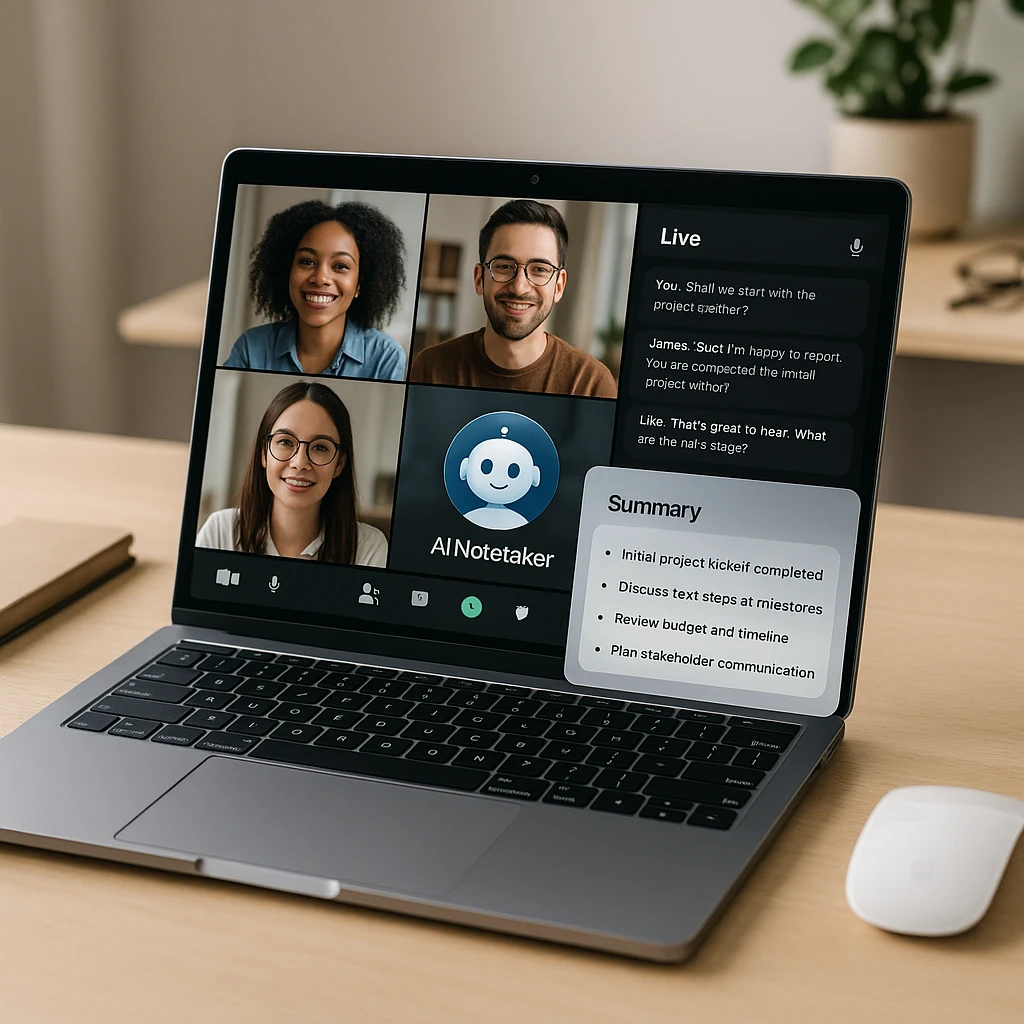 Bot preneur de notes de réunion IA rejoignant un appel vidéo sur un ordinateur portable avec un panneau de transcription en direct et un résumé automatique des points clés