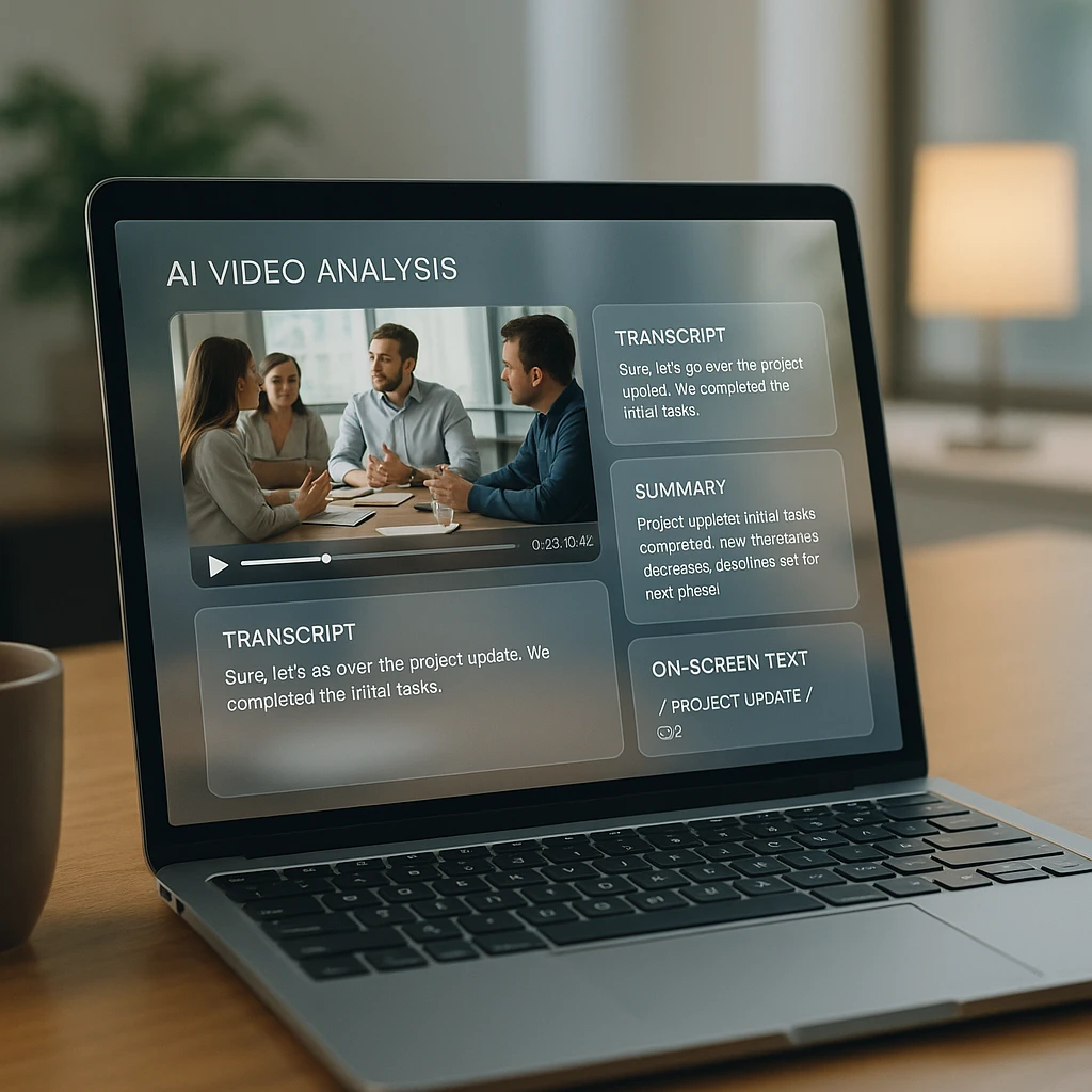 AI video analysis dashboard turning a recorded meeting into a transcript, summary, and extracted on-screen text