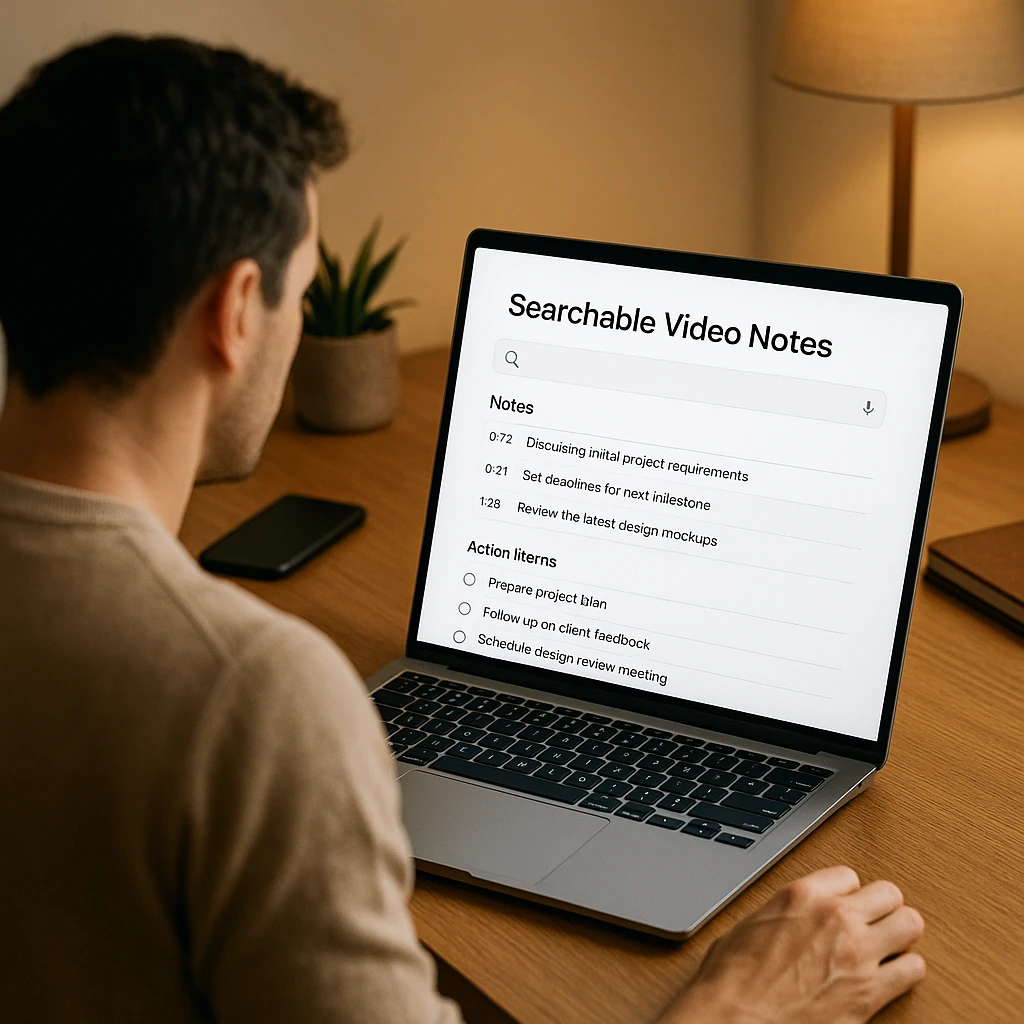 Searchable video notes and action items pulled automatically from a recorded call