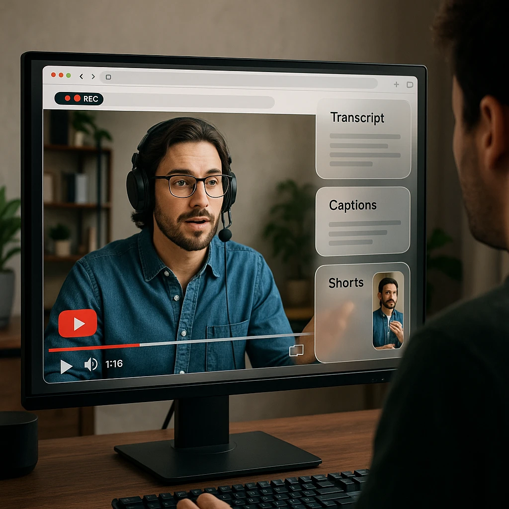 Ein YouTube-Creator, der seinen Bildschirm und seine Webcam aufzeichnet und das Material dann in Transkripte, Untertitel und kurze Clips umwandelt