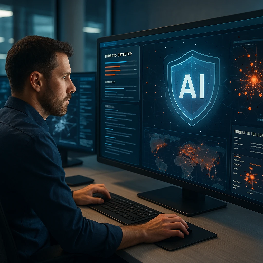 Modern security operations center with AI-powered monitoring systems and threat intelligence visualization