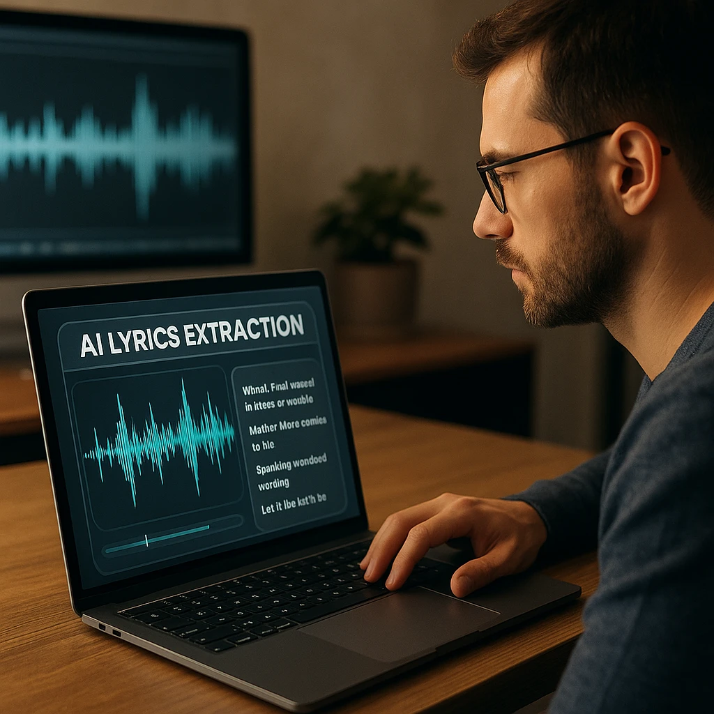 AI lyrics extraction process showing audio waveform analysis and text transcription