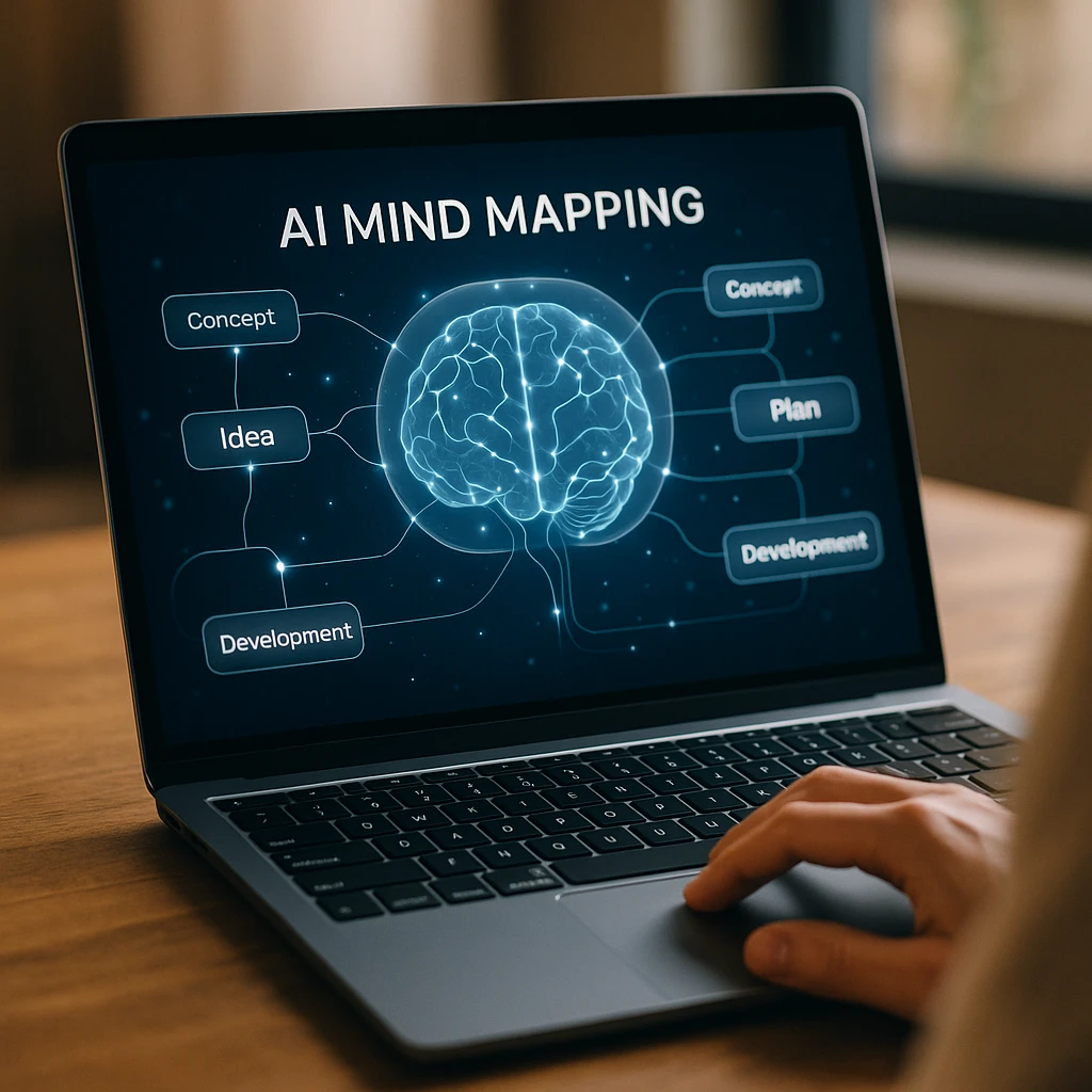 AI mind mapping interface showing digital brain connections and visual thought organization, modern glassmorphic design with floating nodes and neural pathways