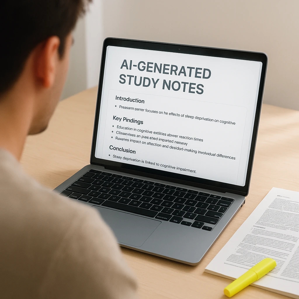 Una persona revisando notas de estudio generadas por IA en un portátil junto a un trabajo de investigación impreso y un resaltador