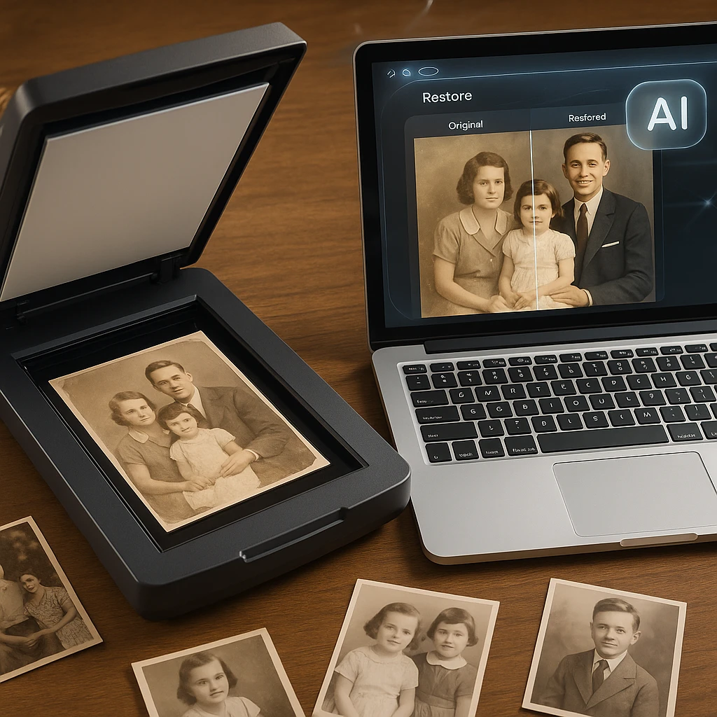 Professional photo scanning setup with vintage family photos and modern AI restoration software interface