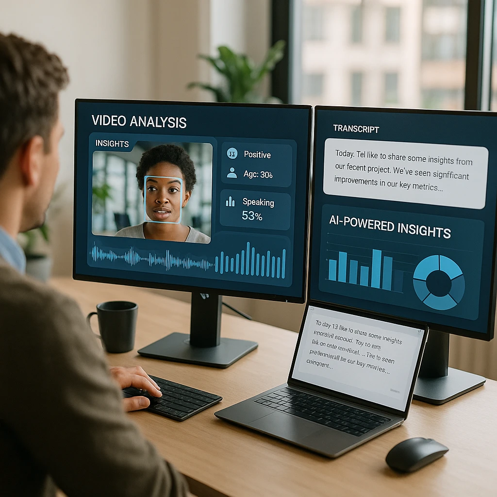 Professional workspace with multiple monitors displaying video analysis dashboard with AI-powered insights and transcription panels