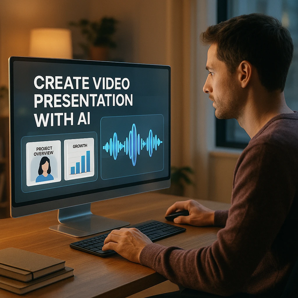 Person creating an AI video presentation with slide scenes and an AI voice waveform on screen