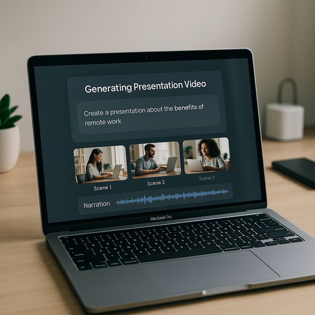 Presentation video being generated from a text prompt with scene thumbnails and a narration track