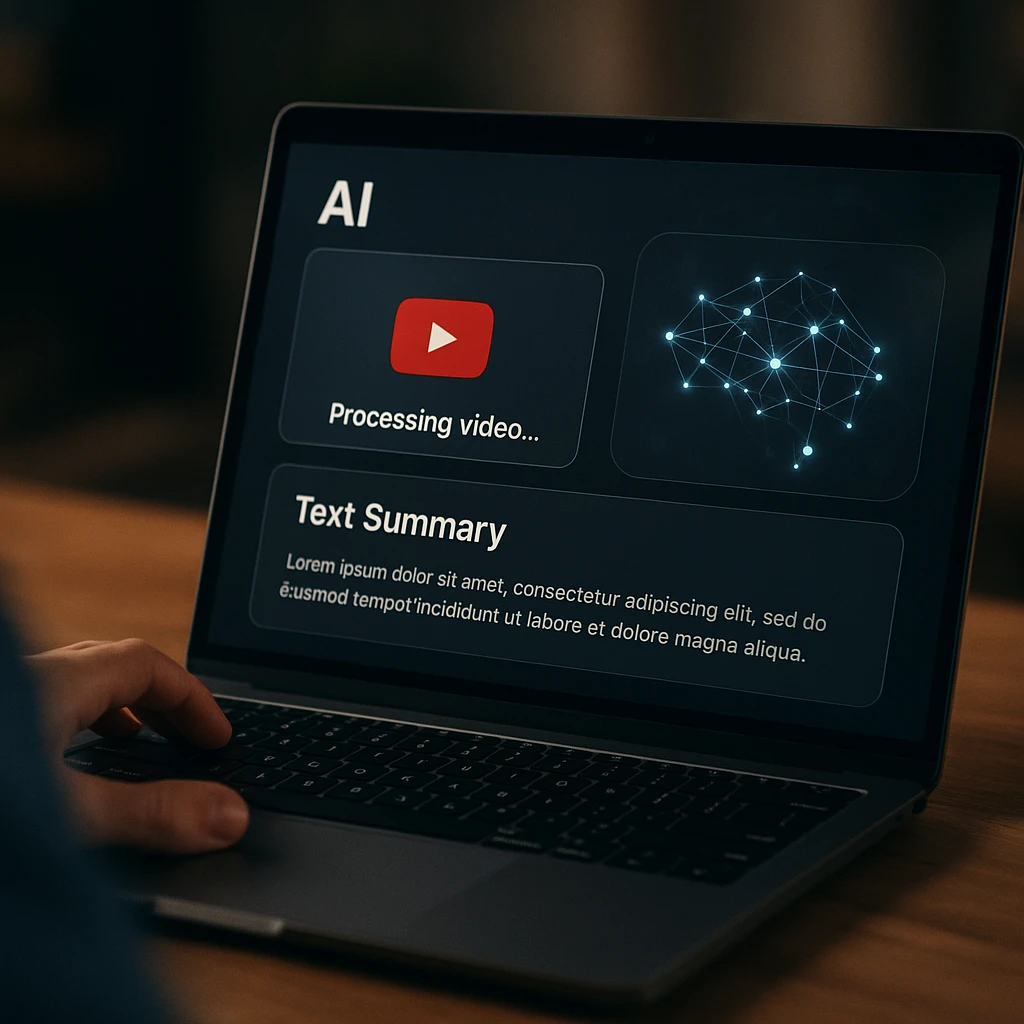 Modern AI interface processing YouTube video into summary
