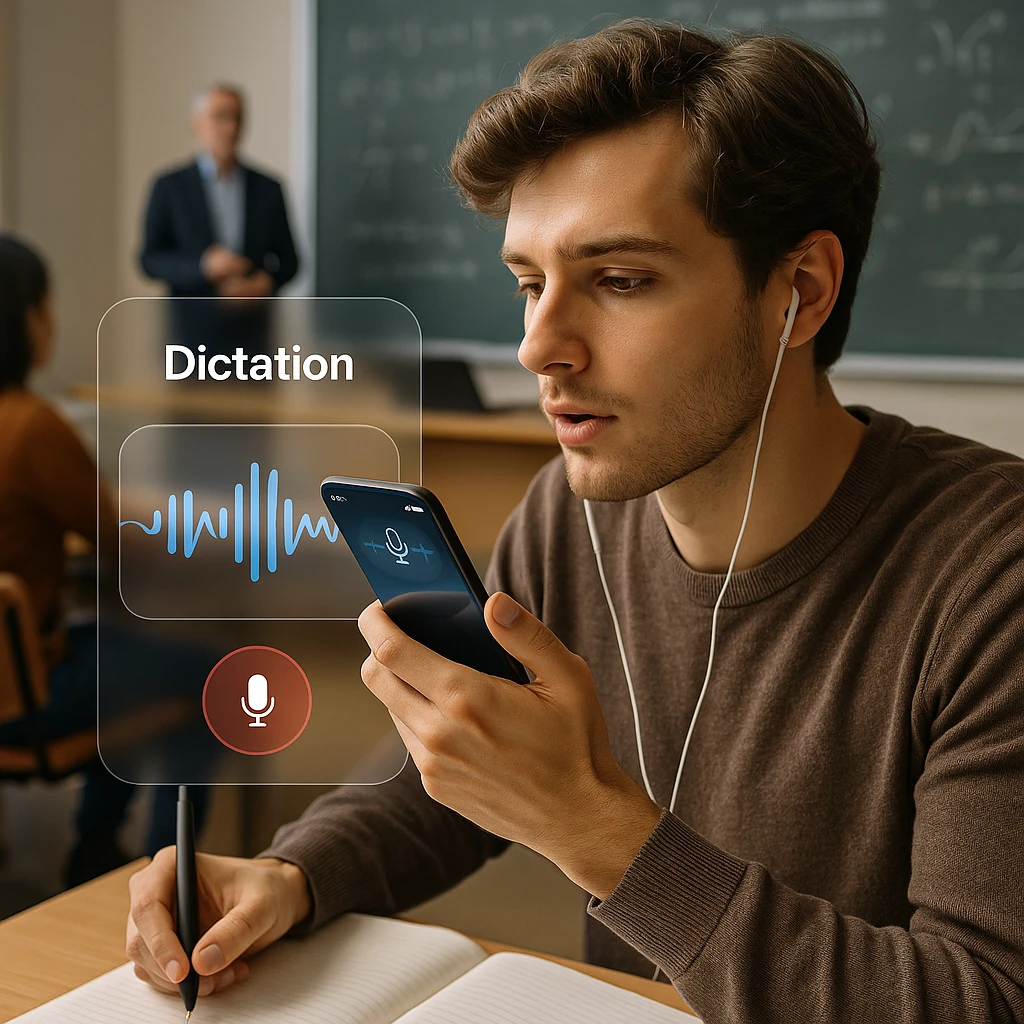 Student using dictation app on smartphone during lecture