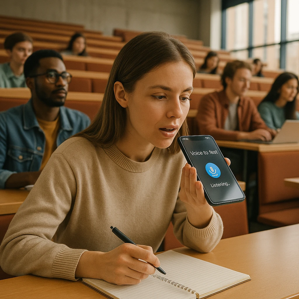 Modern university lecture hall with students using voice-to-text apps