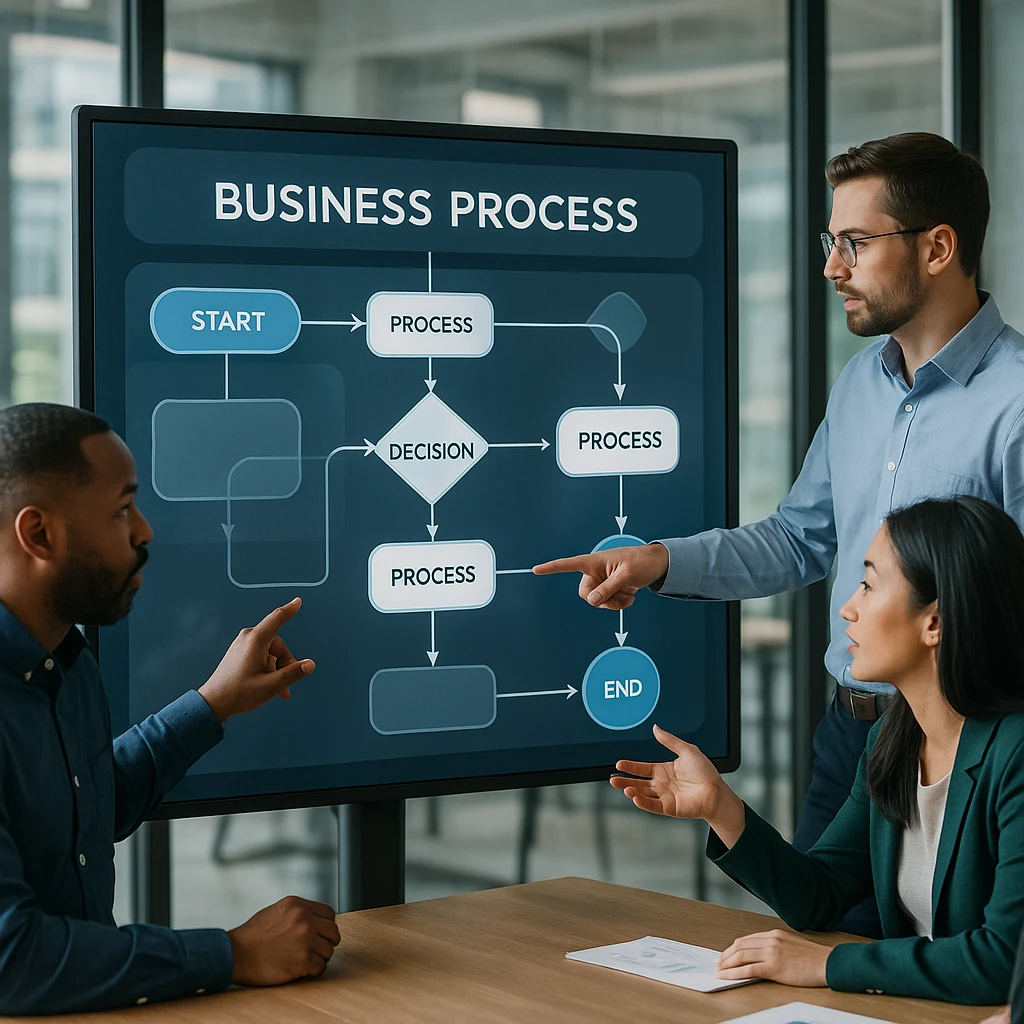 A professional office setting where a diverse team is collaborating around a large digital whiteboard displaying a complex business process flowchart.