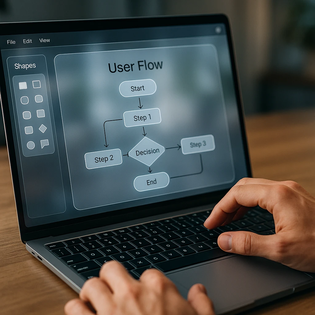 A close-up shot of a person's hands using a laptop to design a user flow diagram with a flowchart tool.