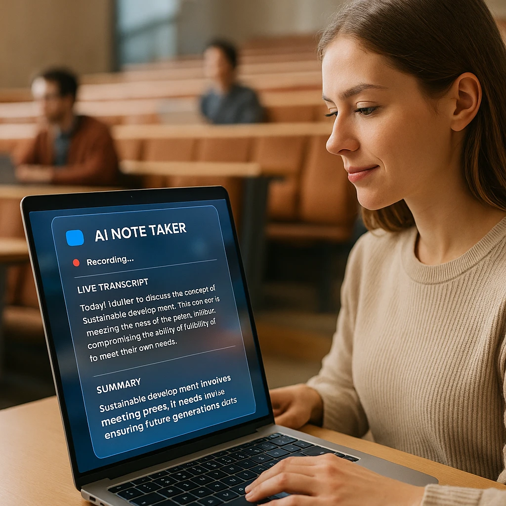 Ein Student in einem Hörsaal mit einem Laptop, der eine KI-Notizaufnahme, ein Live-Transkript und eine Zusammenfassung auf dem Bildschirm zeigt
