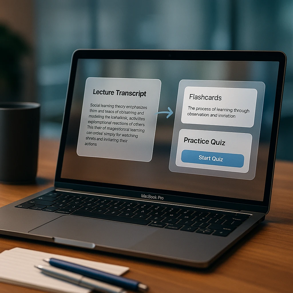 Ein Laptop, der zeigt, wie ein Vorlesungstranskript in Karteikarten und ein Übungsquiz umgewandelt wird, ein Studentenlernworkflow