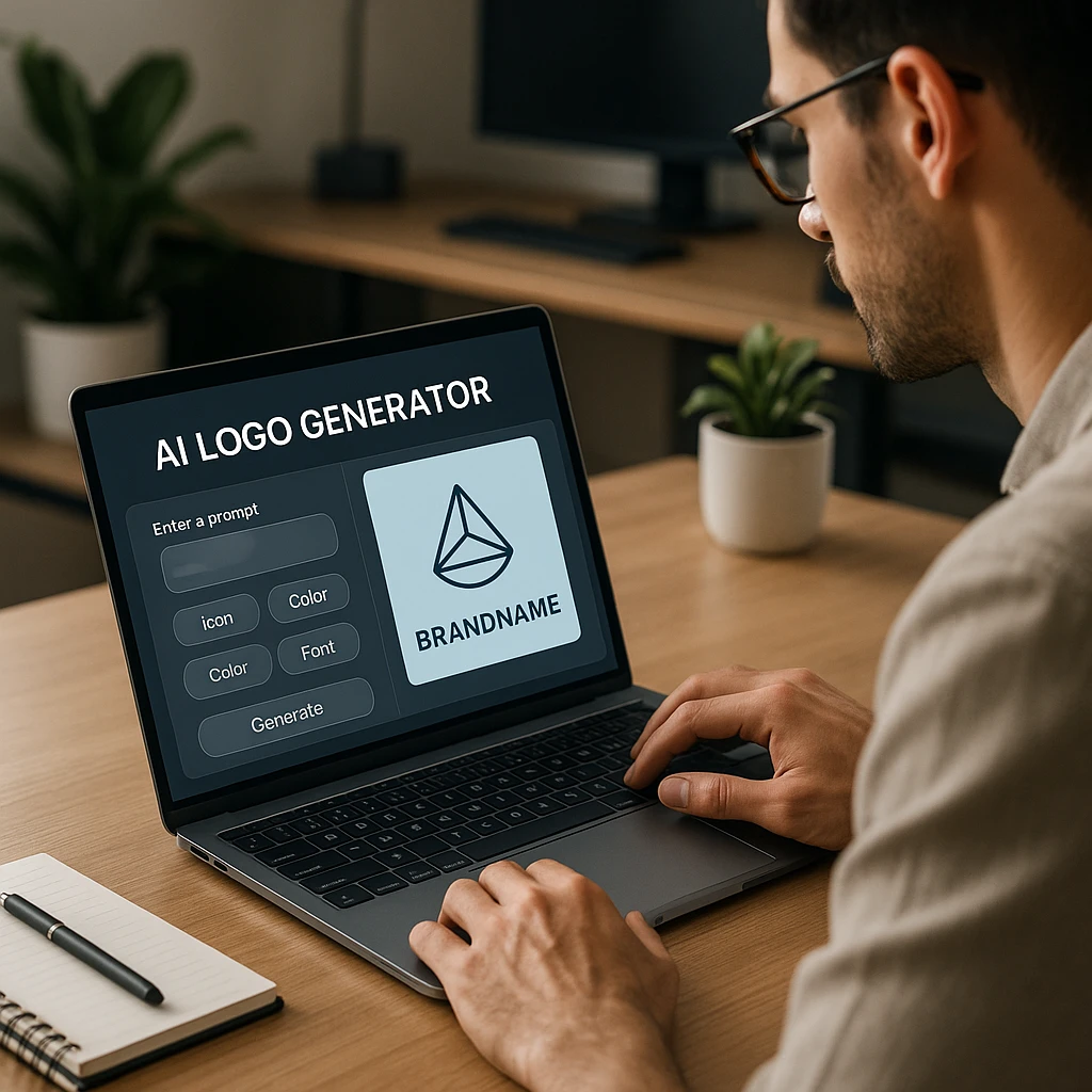 Modern, glassmorphic AI logo generator interface with vibrant logos and a clean workspace