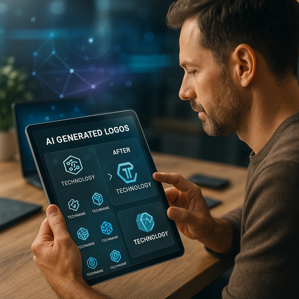 Photorealistic workspace with AI logo generator results, glassmorphic UI, and vibrant logo previews