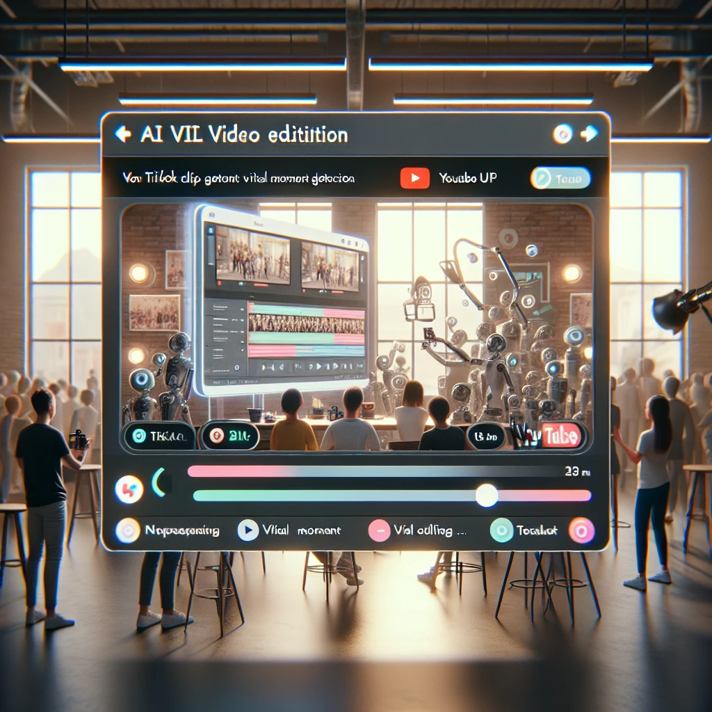 AI video editing interface showing YouTube URL input and TikTok clip generation with viral moment detection