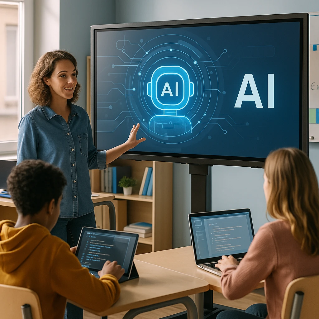 Modern classroom setup with AI-powered educational technology showing teacher collaboration tools and student engagement platforms