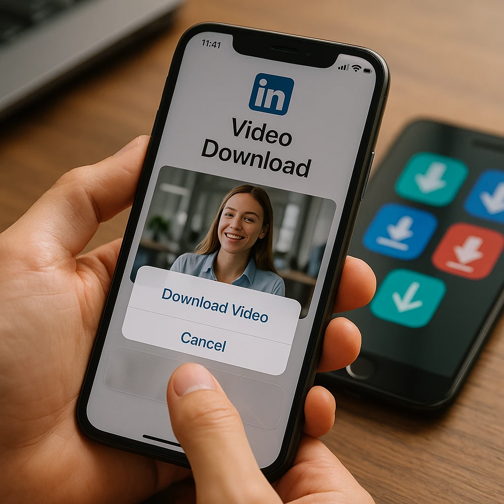 Mobile phone screen showing LinkedIn app with video download options and various downloader apps displayed on smartphone