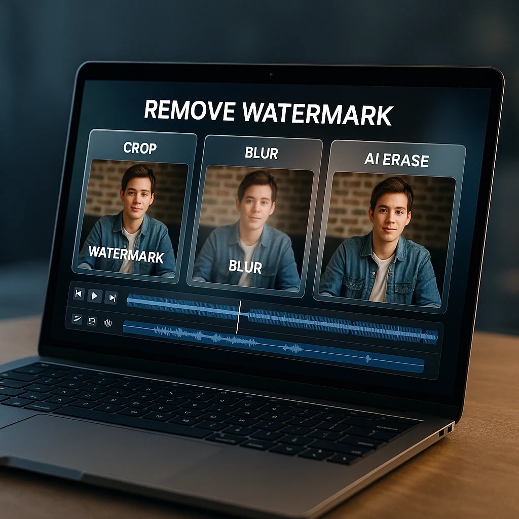A laptop video editor showing three ways to remove a watermark: crop, blur, and AI erase, on the same TikTok clip