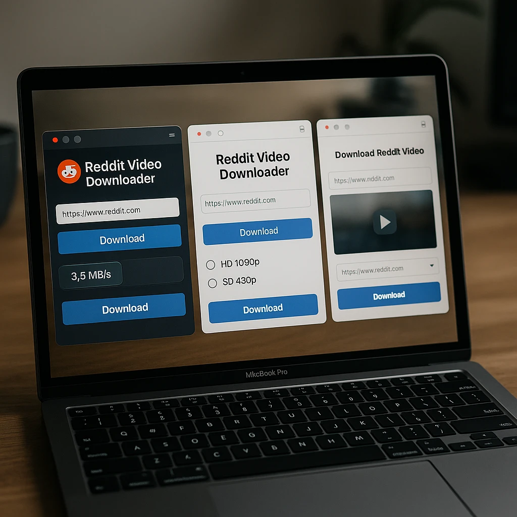 Comparison view of different Reddit video downloader tools with download speeds, quality options, and user interface layouts displayed side by side
