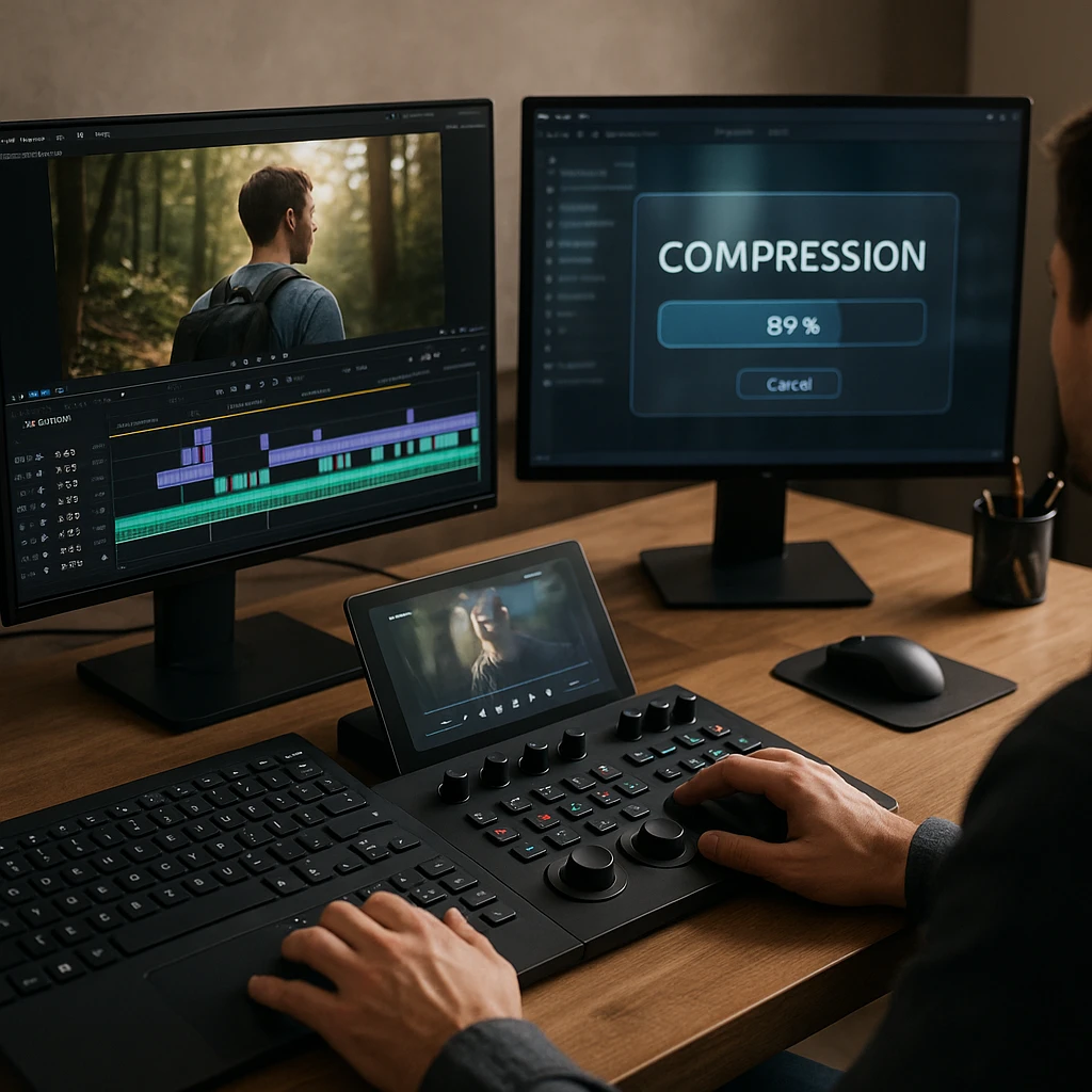 professional video editing workstation with multiple monitors