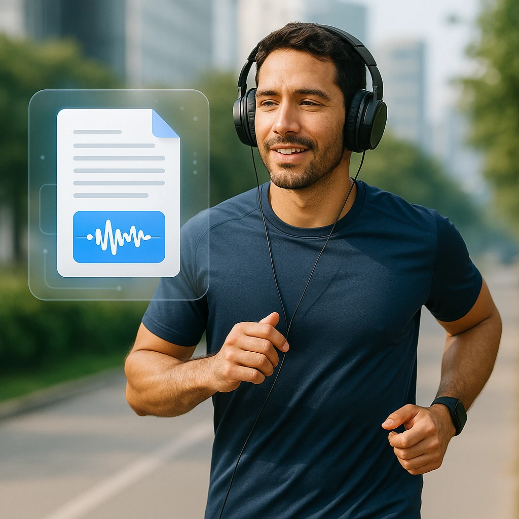A diagram showing a PDF icon being converted by an AI into an MP3 file with headphones.