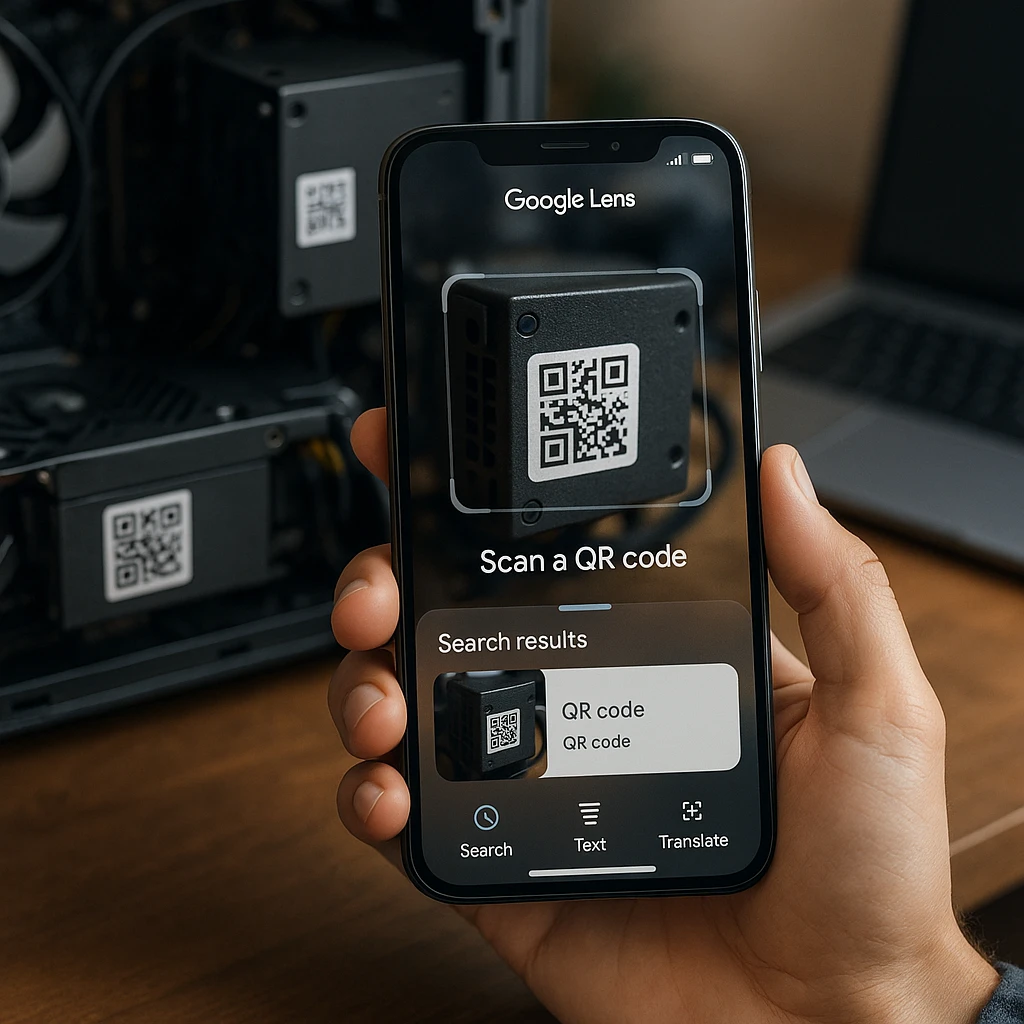 Google Lens QR scanning interface showing AI-powered visual search