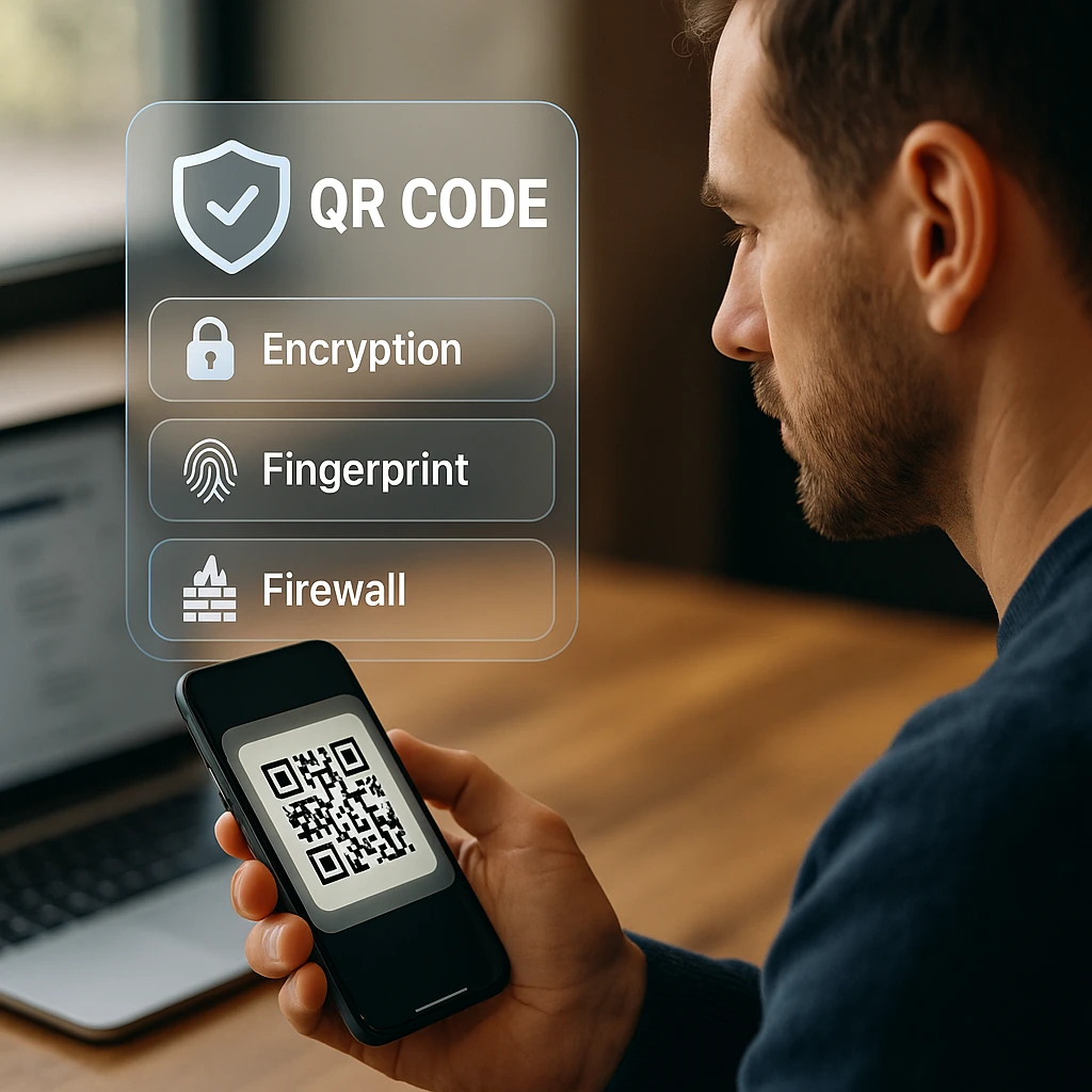 Security features diagram showing QR code protection layers