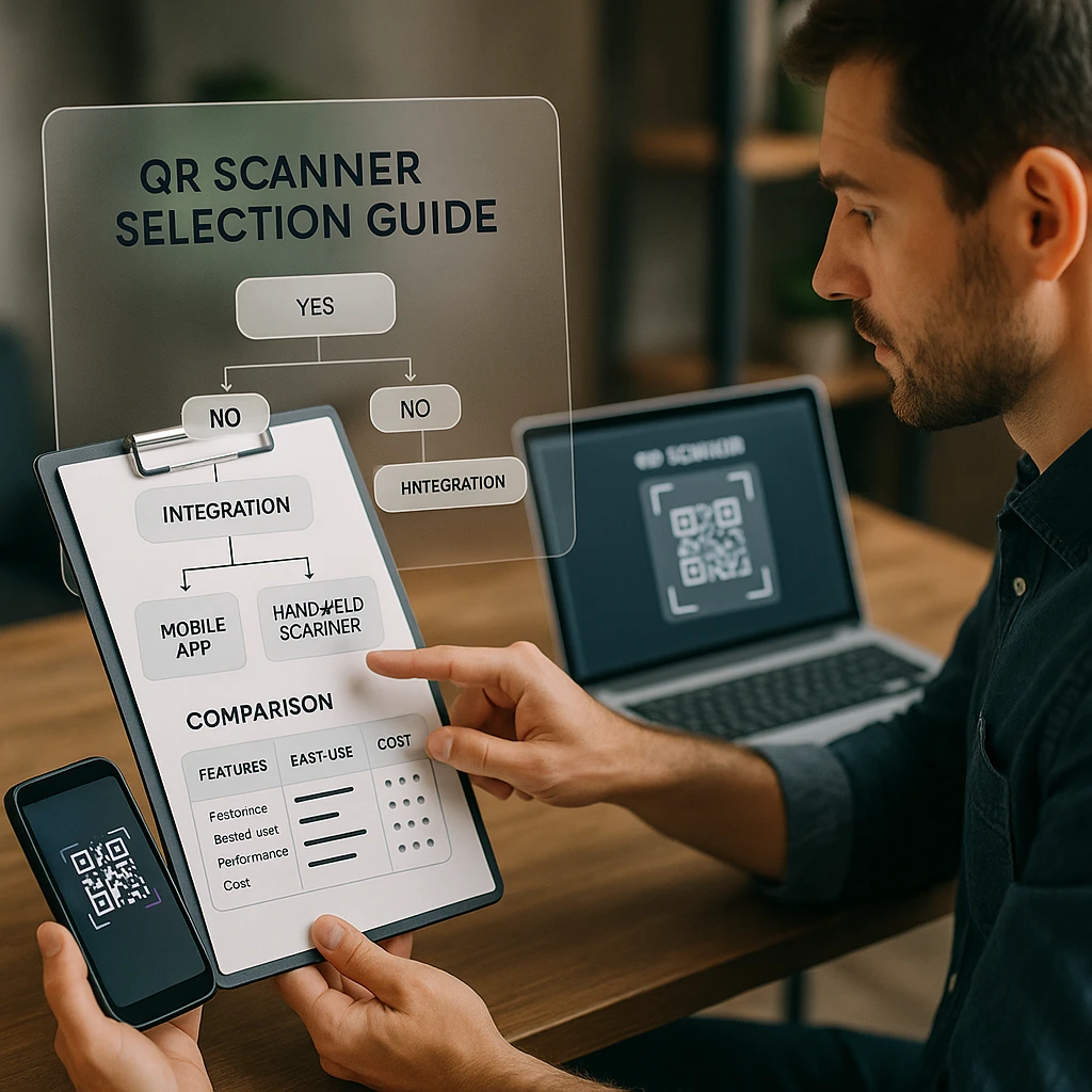 QR scanner selection guide showing decision tree and comparison factors