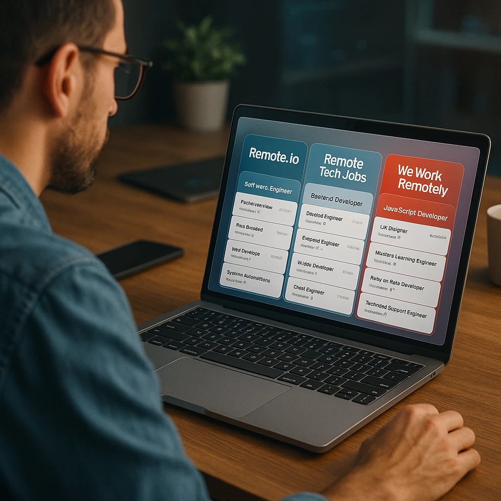 Professional job seeker comparing multiple remote job platforms on laptop screen with job listings visible