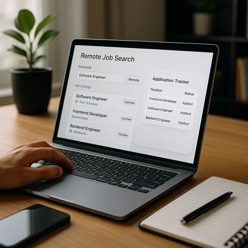 Modern workspace showing remote job search process with filtered results and application tracking