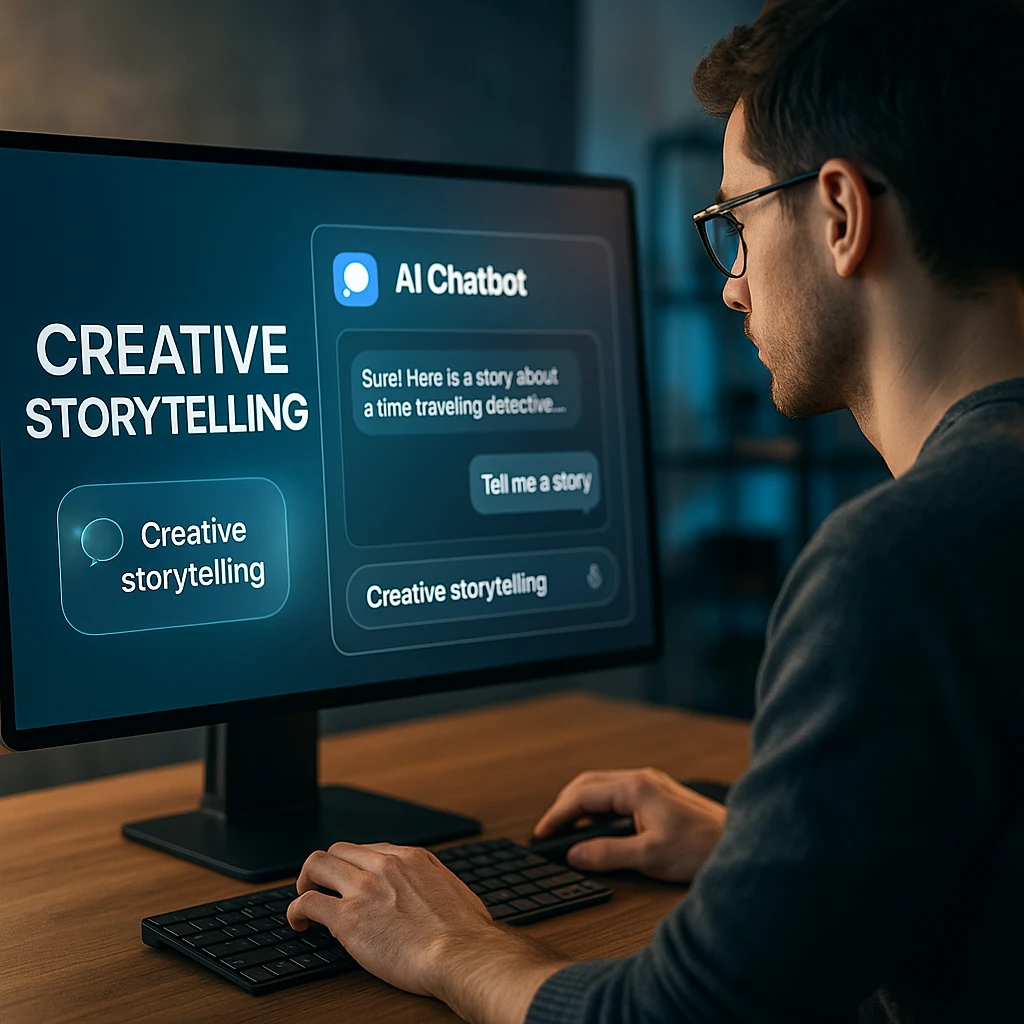 Person engaged in creative storytelling using AI chatbot interface on computer screen