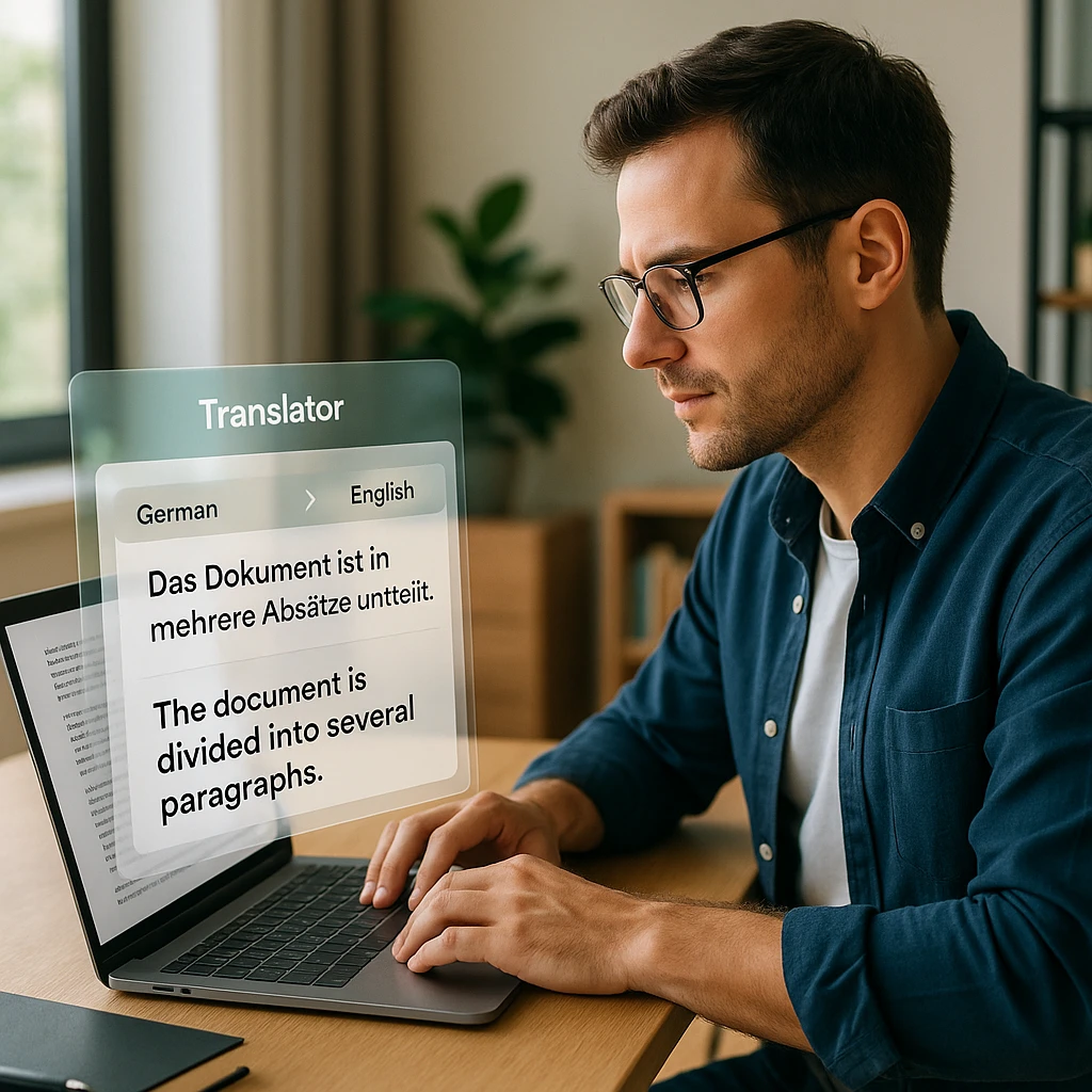 Professional using screen translator app on laptop to translate foreign text in a modern home office
