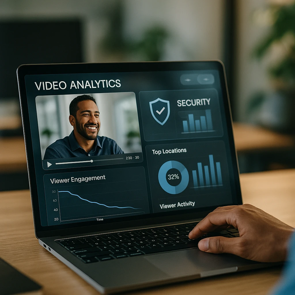Business video analytics dashboard showing viewer engagement and security metrics