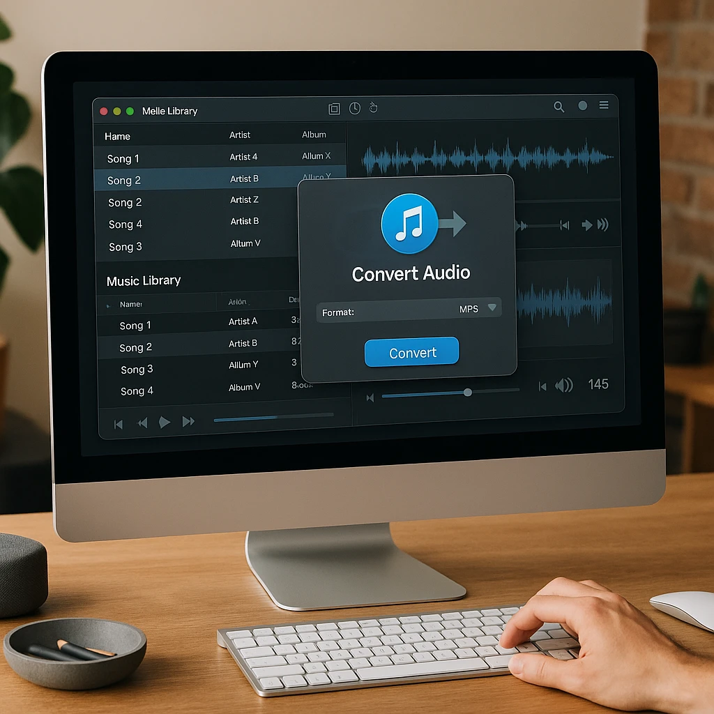 Modern computer desktop showing audio software interface with music file management and conversion tools