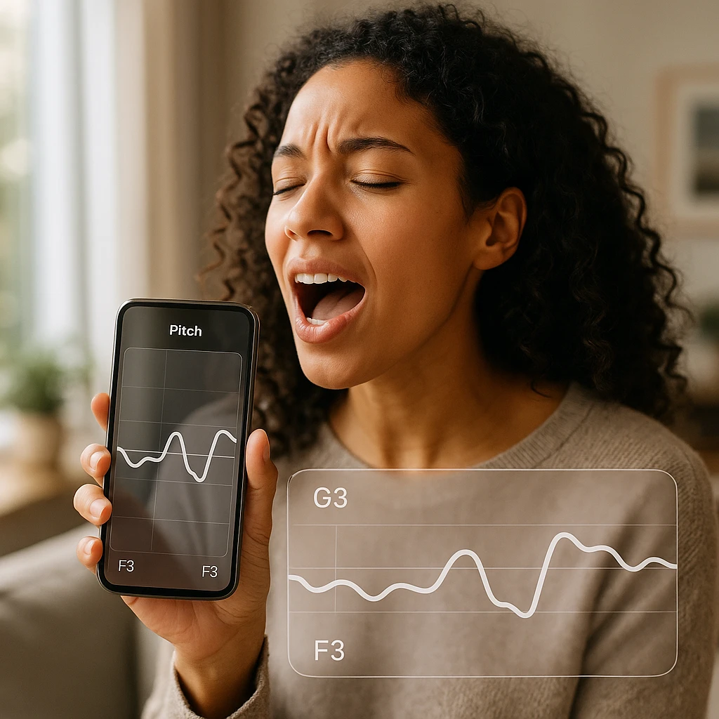 Person singing into a smartphone while a real-time pitch tracking line moves on the screen