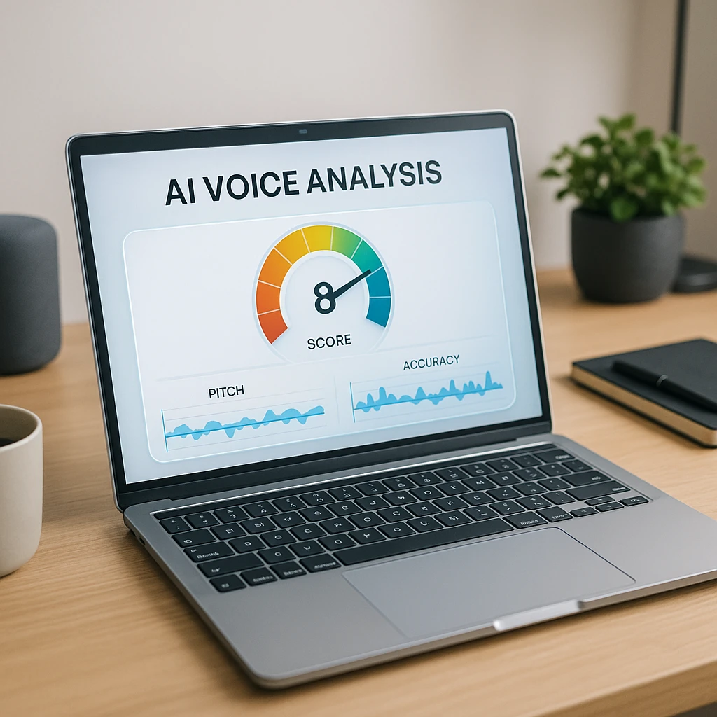 Laptop showing an AI voice analysis dashboard with a 1 to 10 score dial and pitch accuracy meters