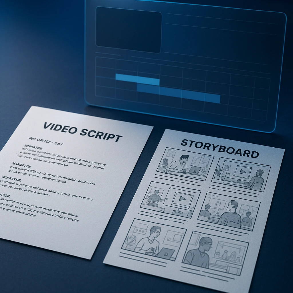 A video script and storyboard panels laid out beside an empty video timeline, ready for production
