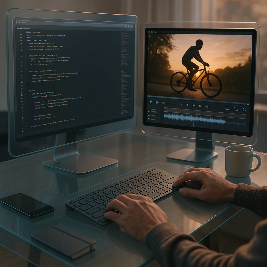 Code editor on one monitor with the rendered Remotion video previewing on a second monitor