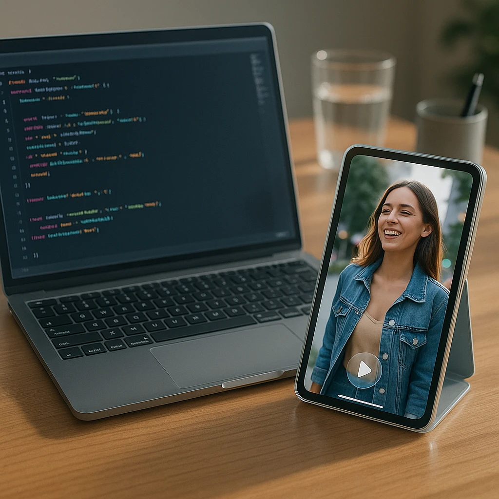 Laptop showing video code next to a tablet playing the finished short vertical clip
